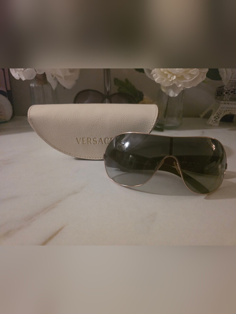 Versace Gold-Trim Shield Sunglasses with Cream Case